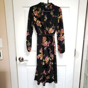 Bobeau Black Floral V-Neck Long Sleeve Faux Wrap High Lo Hem Dress